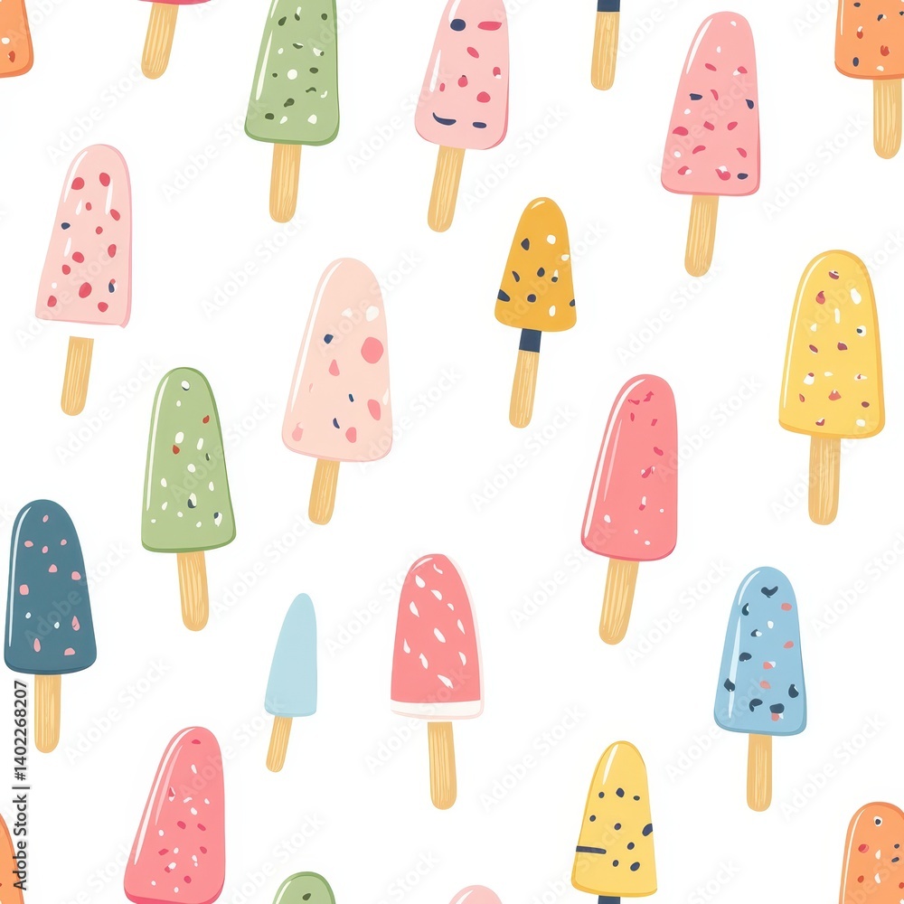 Dessert seamless ice cream pastel style. Colorful ice pops in various shapes and flavors scattered on a white background, creating a cheerful and playful pattern. Dessert seamless ice cream pastel style. Colorful ice pops in various shapes and flavors scattered on a white background, creating a cheerful and playful pattern.