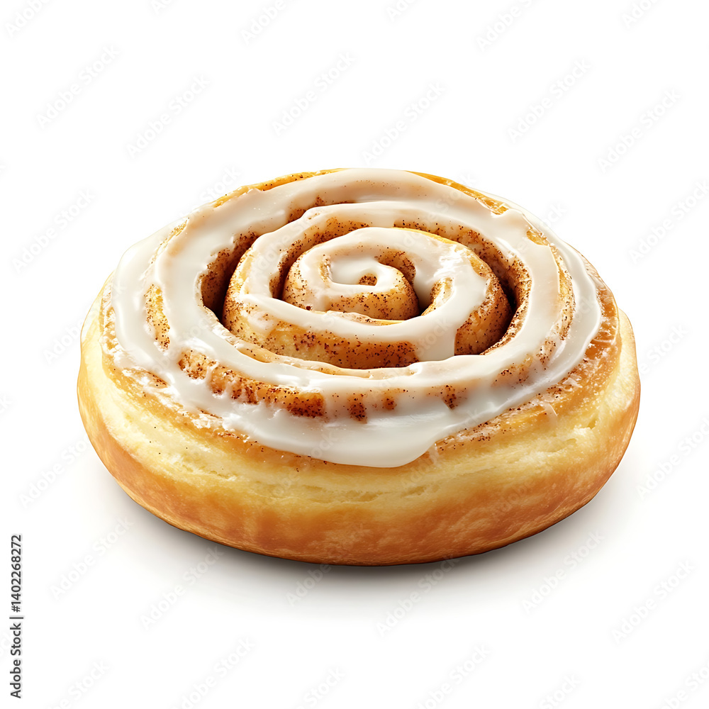 A freshly baked cinnamon roll with golden brown layers, gooey cinnamon filling, and creamy icing A freshly baked cinnamon roll with golden brown layers, gooey cinnamon filling, and creamy icing