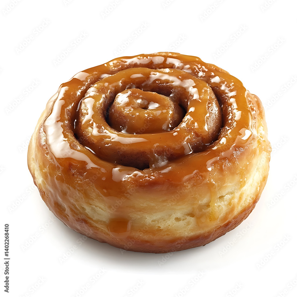 Fototapeta premium A freshly baked cinnamon roll with soft dough, golden-brown glaze, and cinnamon swirl