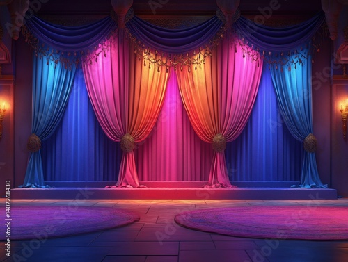 A colorful room with curtains in different colors