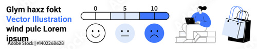 Rating scale with sad to happy faces, shopping bag, seated character using laptop. Ideal for consumer feedback, customer satisfaction, e-commerce analytics, shopping habits, business evaluation