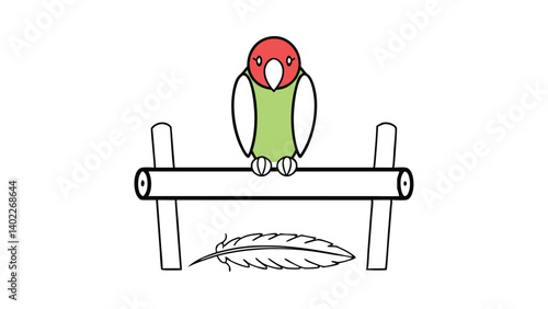 Line Art Illustration Of A Cute Parrot Perched On A Wooden Bar With A Feather