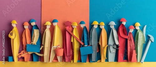 Colorful paper construction workers holding tools in a row, flat lay banner design for international day of peace and workers day celebration