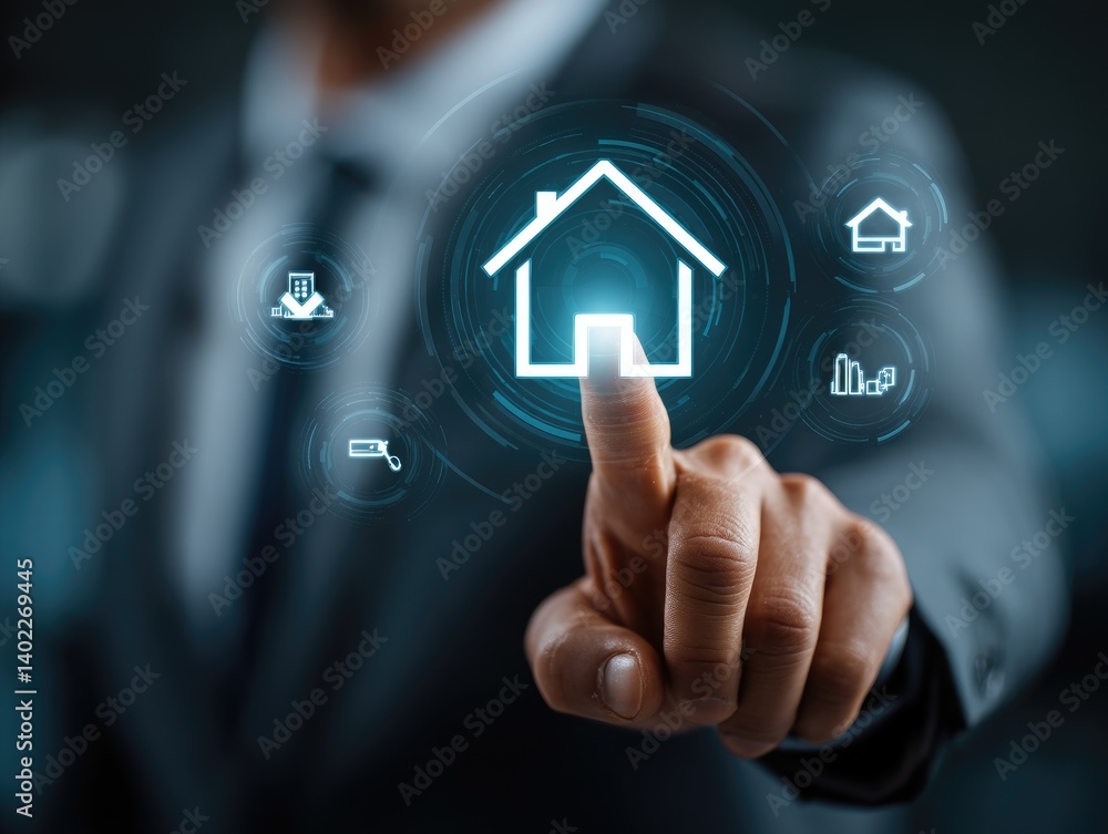 Modern home management via digital interface. A hand interacts with a virtual home icon, surrounded by various related icons