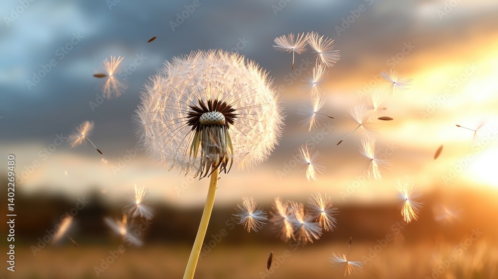 Obraz premium Close-up of a dandelion releasing seeds against a stunning sunset sky in gentle breeze.