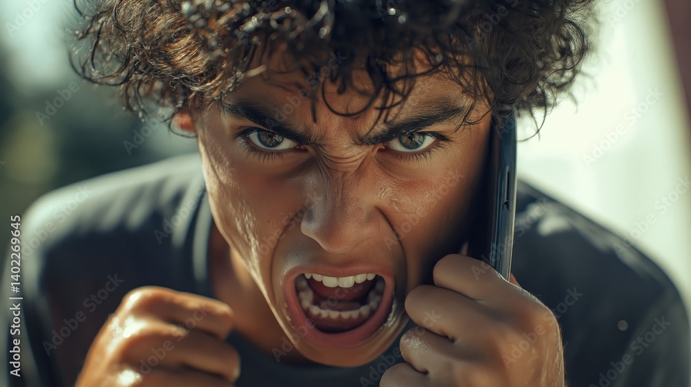 Angry young man yelling on a phone