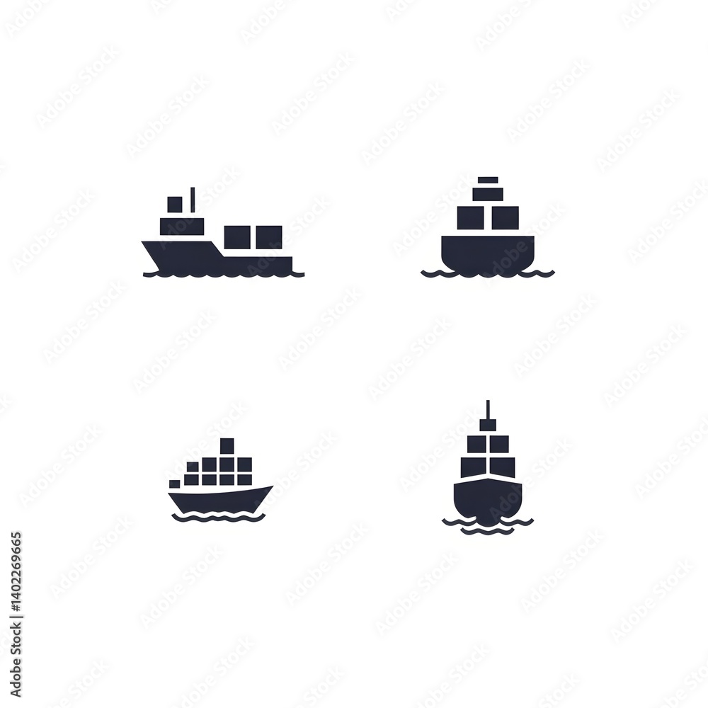 Obraz premium Set of Cargo Ship Icon Maritime Shipping Freight Logistics Global Trade Transport Nautical Commercial Harbor Industry Vector Illustration