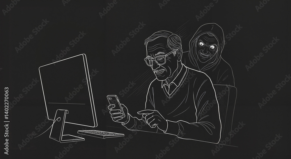 Elderly man using smartphone while being watched by hooded figure