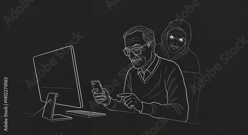 Obraz na płótnie Elderly man using smartphone while being watched by hooded figure w salonie