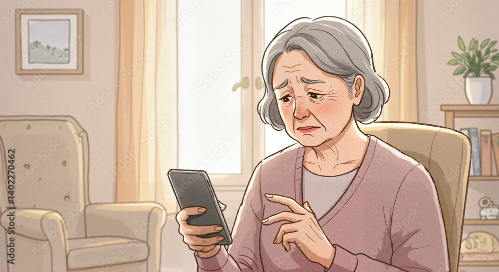Elderly woman feeling concerned while using smartphone in cozy living room