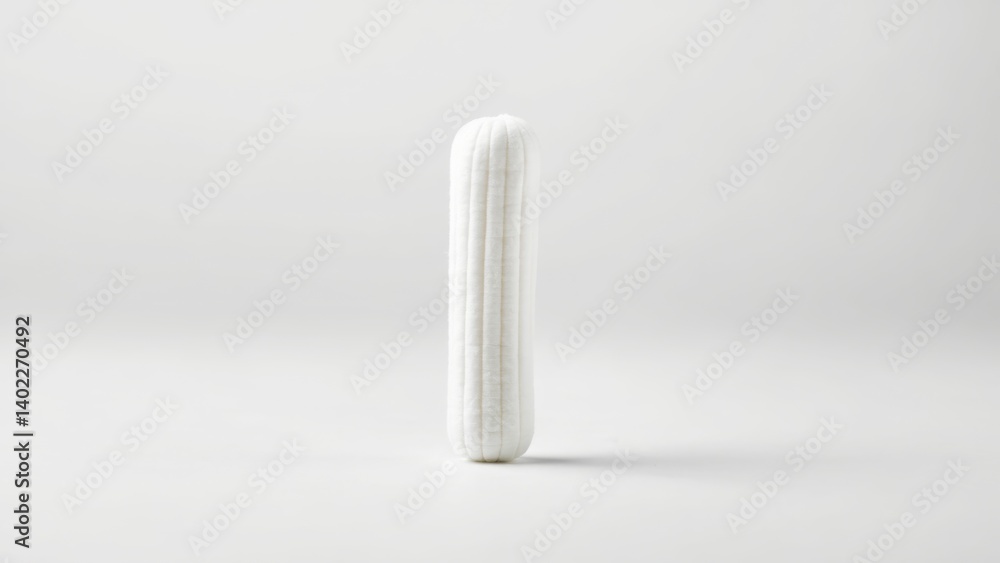 Naklejka premium A white tampon standing upright on a light grey background, symbolizing feminine hygiene and clean design. Perfect for advertising, packaging, and healthcare-related projects