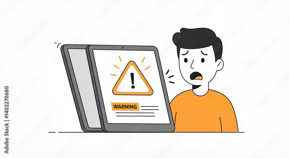 Worried person reacting to warning alert on device