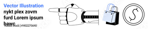 Robotic hand extended while pointing, shopping bag with handles, and currency icon. Ideal for e-commerce, technology, shopping, robotics, innovation digital economy futuristic design. Perfect