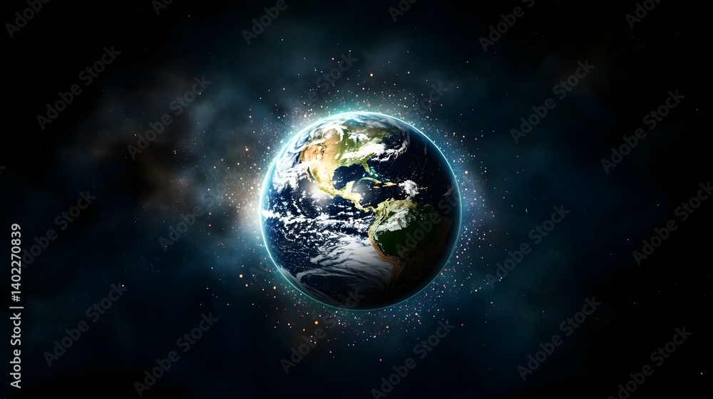Obraz premium A vibrant, stylized image of planet Earth, centered in a dark space speckled with stars and glowing nebulae, emphasizing the planet's beauty and its place within the vast cosmos.
