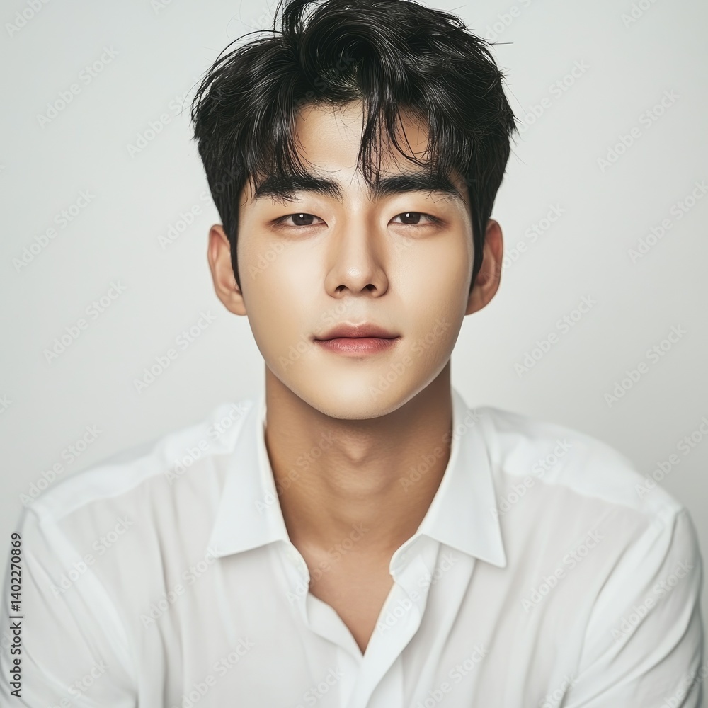 Young man in a white button-down shirt, attractive face and hair