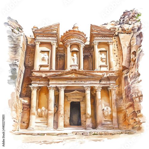 illustration of Petra Treasury FaAade, watercolor vector, isolated on a white background.