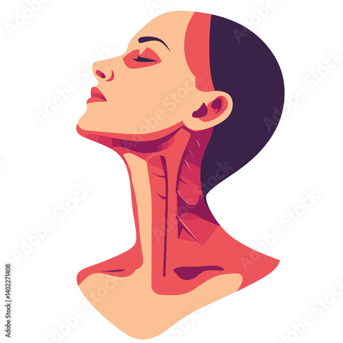 Female Neck Anatomy Illustration: Profile View of Head and Neck Muscles in Red and Pink Hues