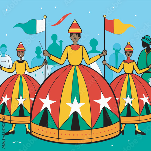 A lively cultural parade in Cameroon featuring performers dressed in magnificent, dome-shaped gowns for Cameroon’s National Day