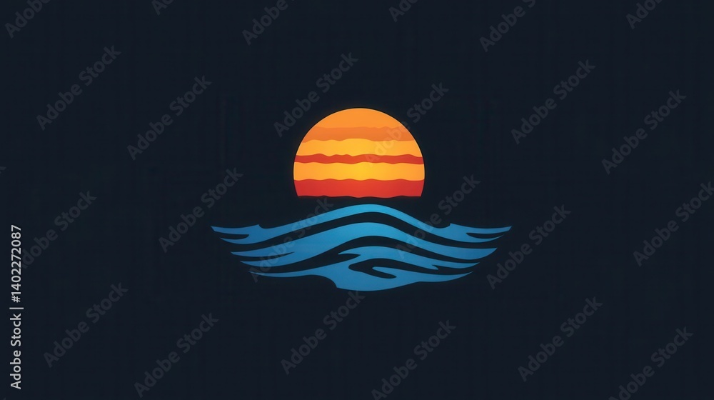 A stylized graphic of a sunset over wavy water. A stylized graphic of a sunset over wavy water.