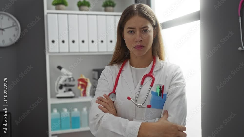 Young caucasian woman doctor in uniform with serious expression looking naturally at camera in simple clinic setting Young caucasian woman doctor in uniform with serious expression looking naturally at camera in simple clinic setting