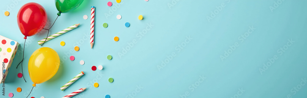 A Colorful And Festive Birthday Setup Featuring Essential Party Items Arranged Artfully On A Soft Blue Tabletop Background.