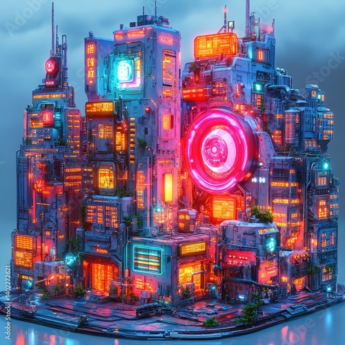 Obraz na płótnie Futuristic cityscape, vibrant, illuminated, technology, and urban w salonie