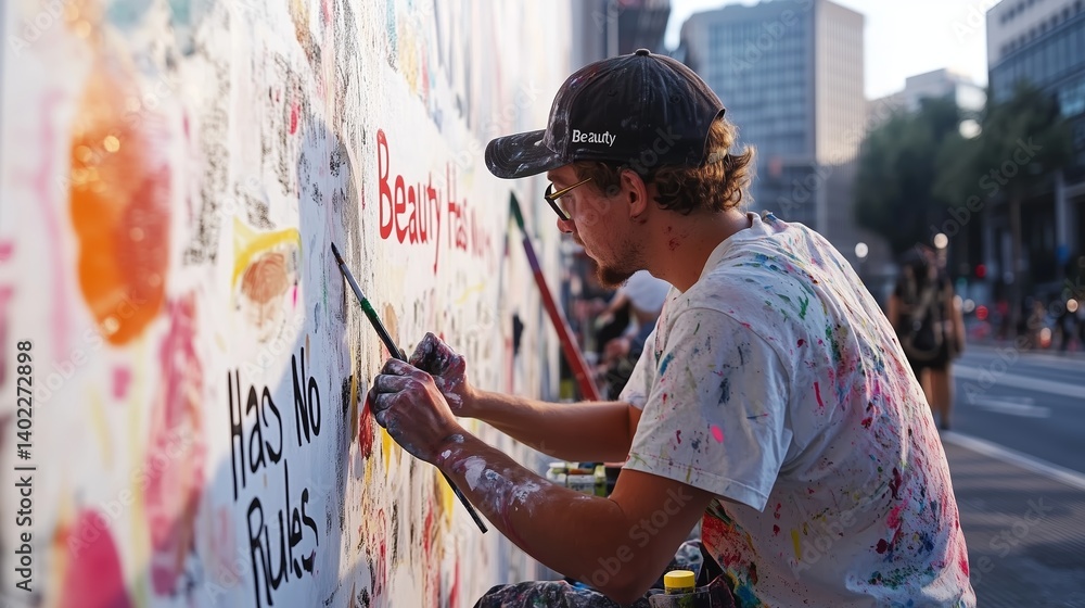 Naklejka premium Urban artist creating a vibrant mural on a city street during a sunny afternoon in an artistic neighborhood