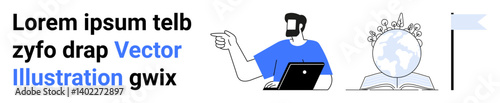 Man in blue shirt using laptop and pointing, open book with globe, gears as ideas or global learning. Ideal for education, technology, teamwork, innovation, global outreach, exploration flat landing
