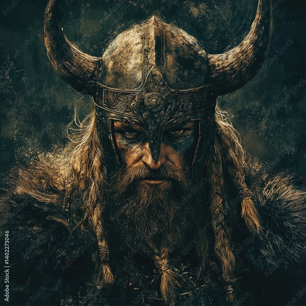 Viking warrior portrait, fierce gaze