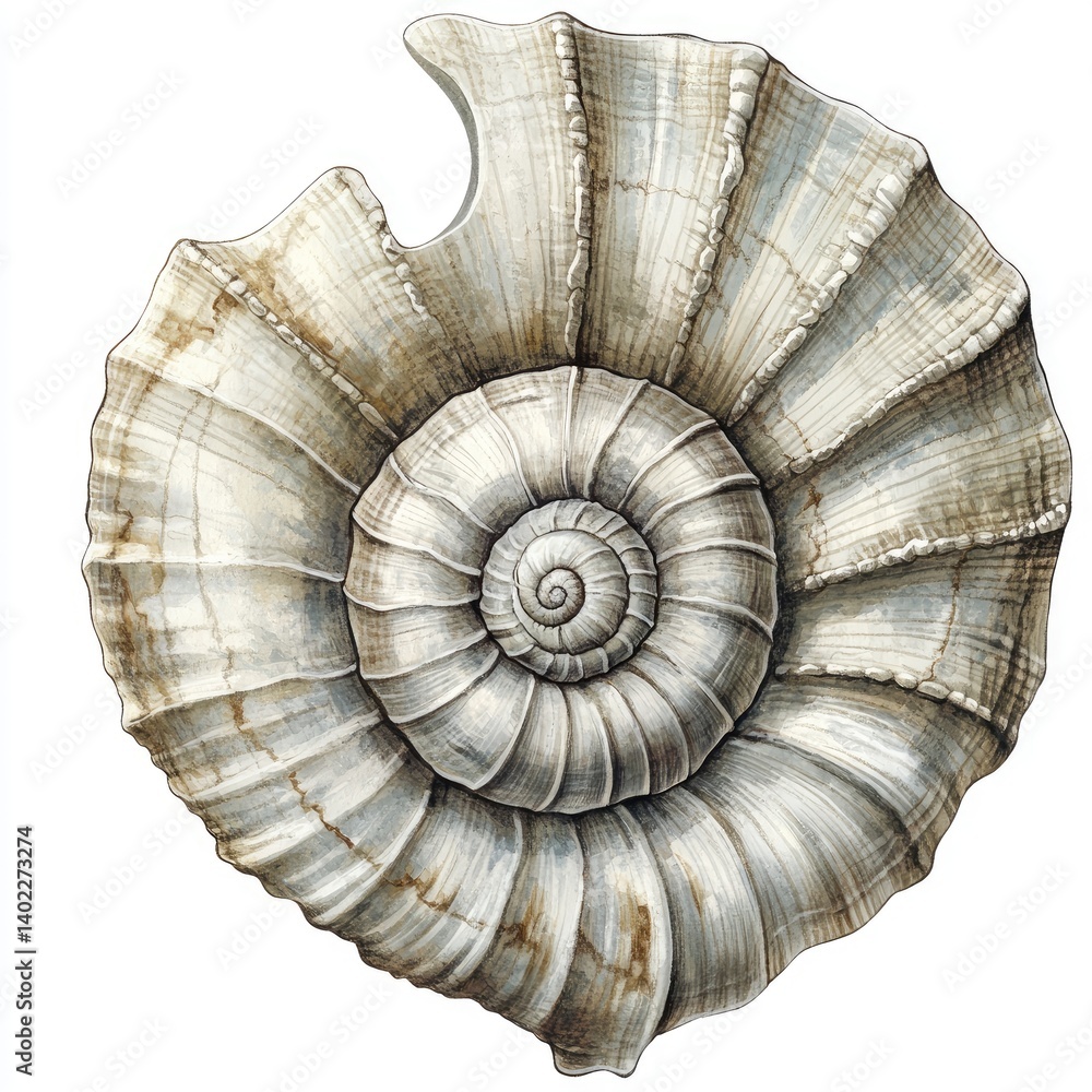 Detailed illustration of a spiral seashell. Complex, delicate, and intricate patterns are clearly visible on the shell's surface.