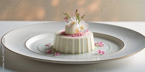Exquisite dessert featuring a floral garnish on a fine dining plate with soft background lighting.