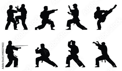 Set of karate silhouettes showcase diverse techniques. vector illustration.