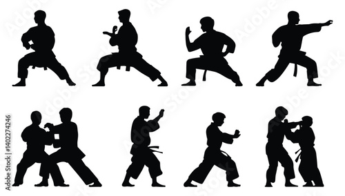 Set of karate silhouettes showcase diverse techniques. vector illustration.