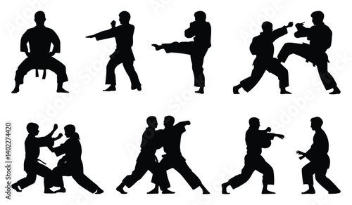Set of karate silhouettes showcase diverse techniques. vector illustration.