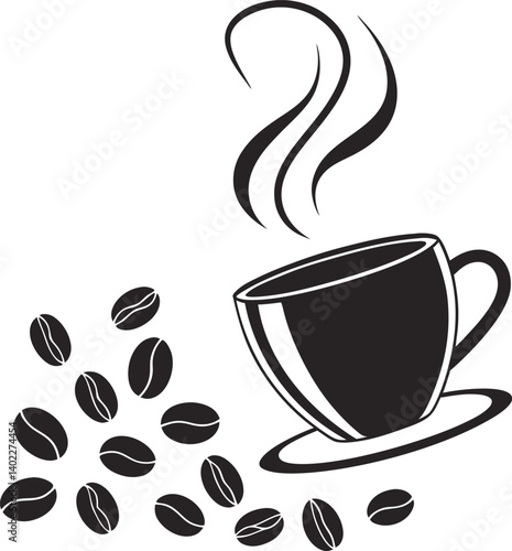 A hot brown coffee drink in a vector cup icon with steam and beans