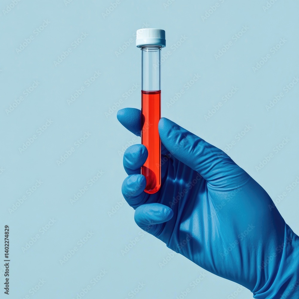 Lab test tube with red liquid held by gloved hand
