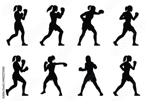 Set of female boxer silhouettes in various boxing stances. vector illustration.