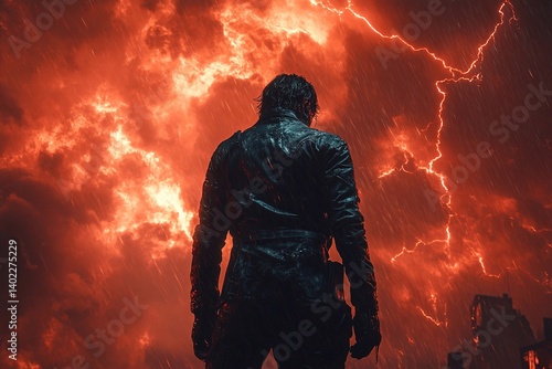 
An antihero in a leather suit and gloves stands with his back to the camera, against the background of a thunderstorm.

