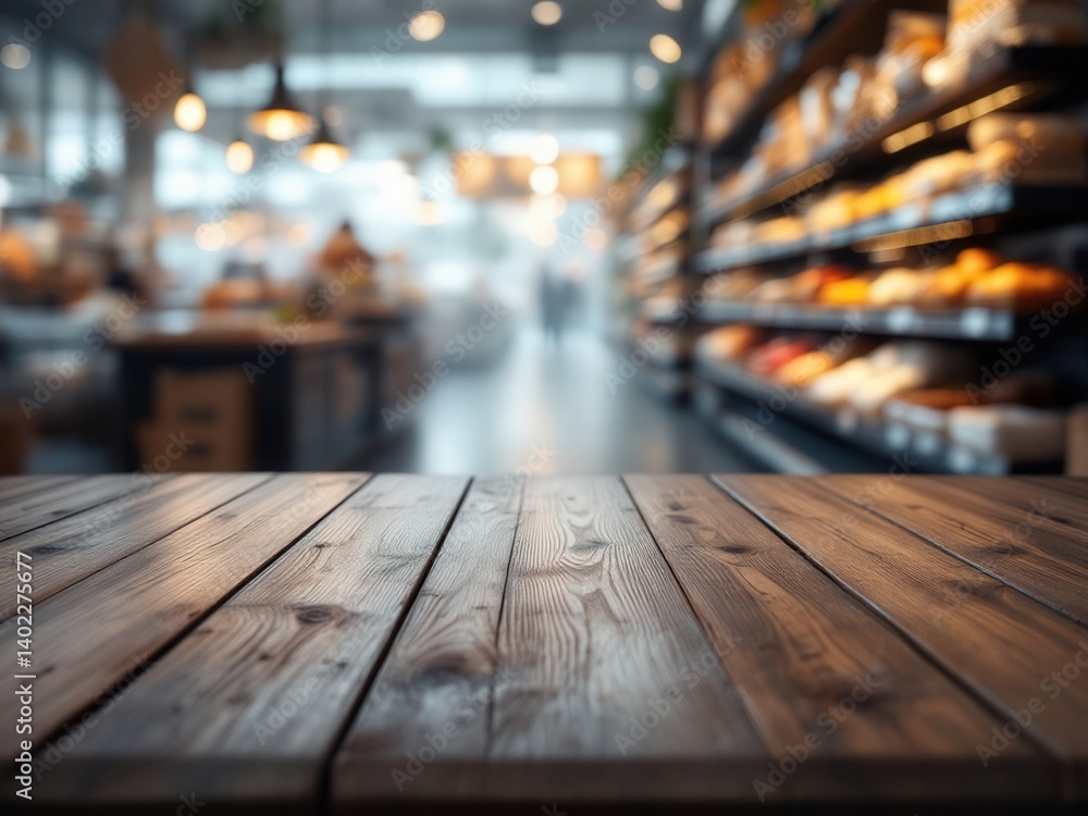 Empty wooden table in artisan bread market - minimalist bakery ambiance with blurred loaf displays and flour-dusted textures Empty wooden table in artisan bread market - minimalist bakery ambiance with blurred loaf displays and flour-dusted textures