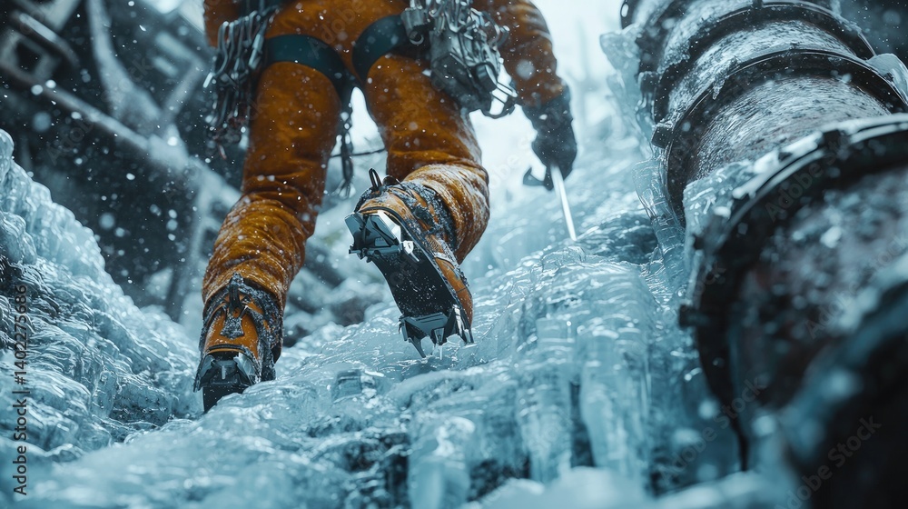 Ice climber ascends a frozen wall