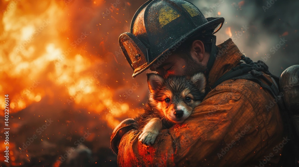 Firefighter rescuing a puppy from a burning fire. A brave firefighter tenderly holds a small puppy close, amidst the intense flames of a wildfire.