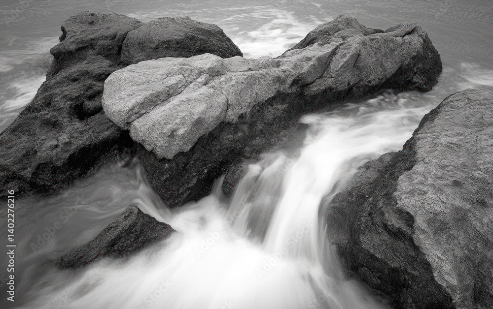Fototapeta premium Water Flowing Over Dark Rocks, Black and White