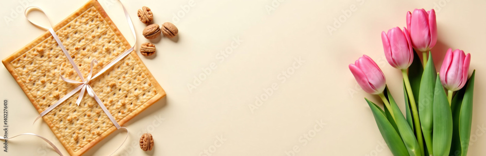 Fototapeta premium A Delicate Beige Background Features A Matzah, Walnuts, And Pink Tulips Arranged Vertically With Ribbon Bindings And Space For Text.