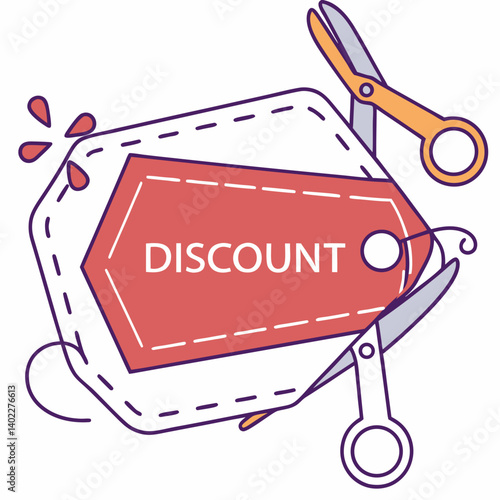 Discount price tag icon with scissors and dotted lines, vector style