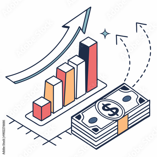 Investment bar chart icon with upward arrow and dollar stack