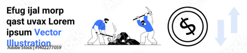 Two miners extracting coal with tools, paired with a currency coin and growth arrows. Ideal for labor industry, economics, energy, finance, teamwork, investment sustainability. Abstract line flat