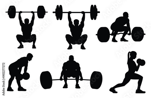 Set of fitness silhouettes of weightlifters performing various exercises. vector illustration.