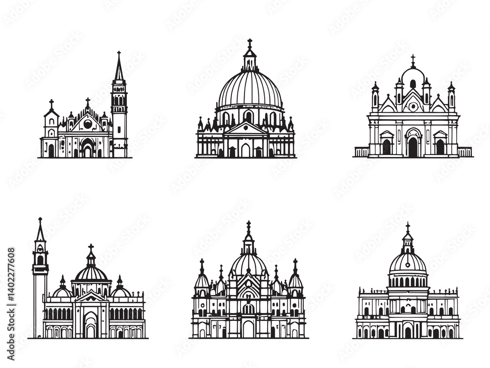 St Marks Basilica Line Art Illustration Set St Marks Basilica Line Art Illustration Set
