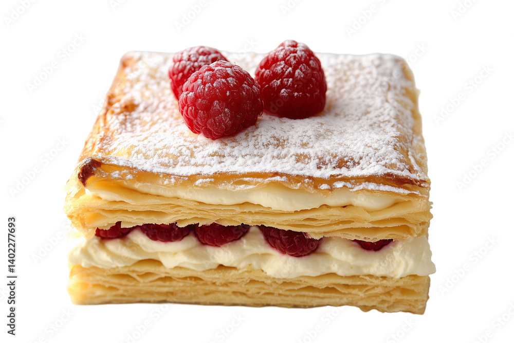Raspberry Cream Mille-Feuille Pastry with Powdered Sugar Topping Raspberry Cream Mille-Feuille Pastry with Powdered Sugar Topping