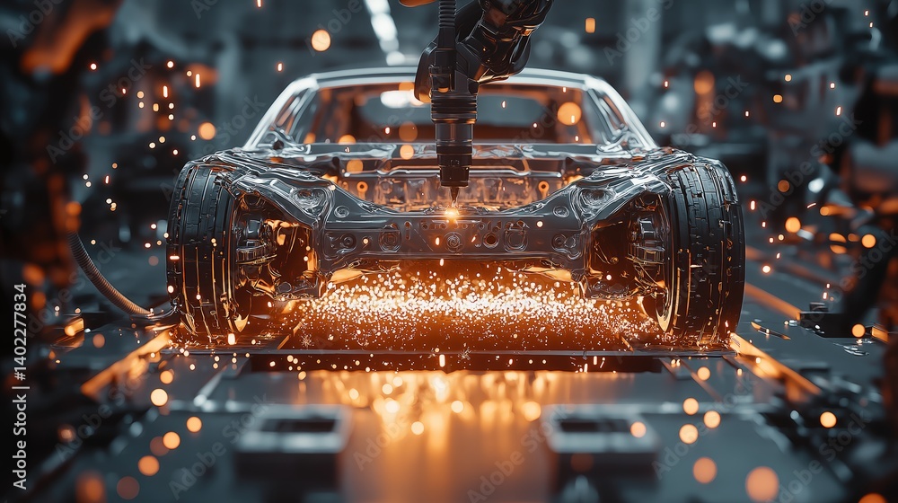 Automated car manufacturing process. Welding of car body components in a high-tech factory